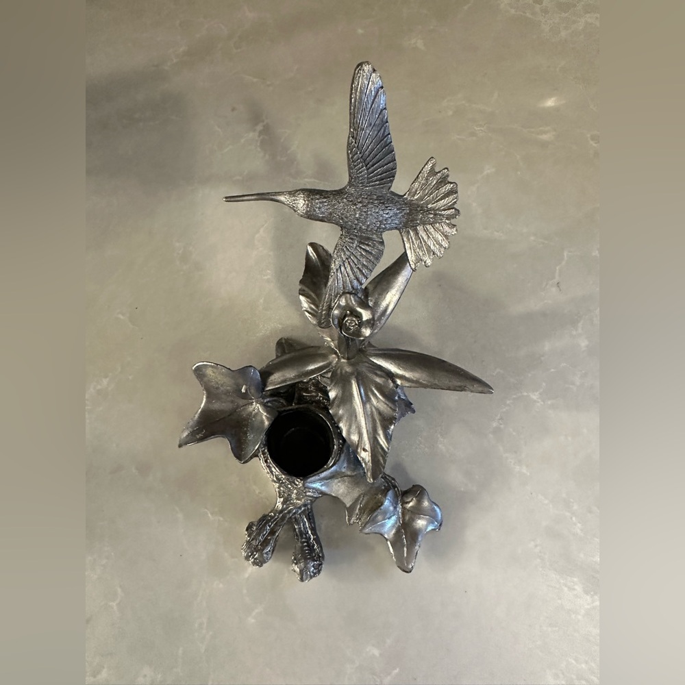 1994 Vintage Silver Polished Pewter Hummingbird Ivy Leaves Floral Candle Holder
